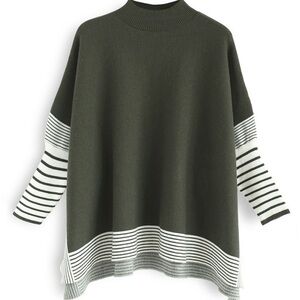 CHICWISH LIE IN OLIVE FIELDS STRIPED OVERSIZE KNIT CAPE SWEATER